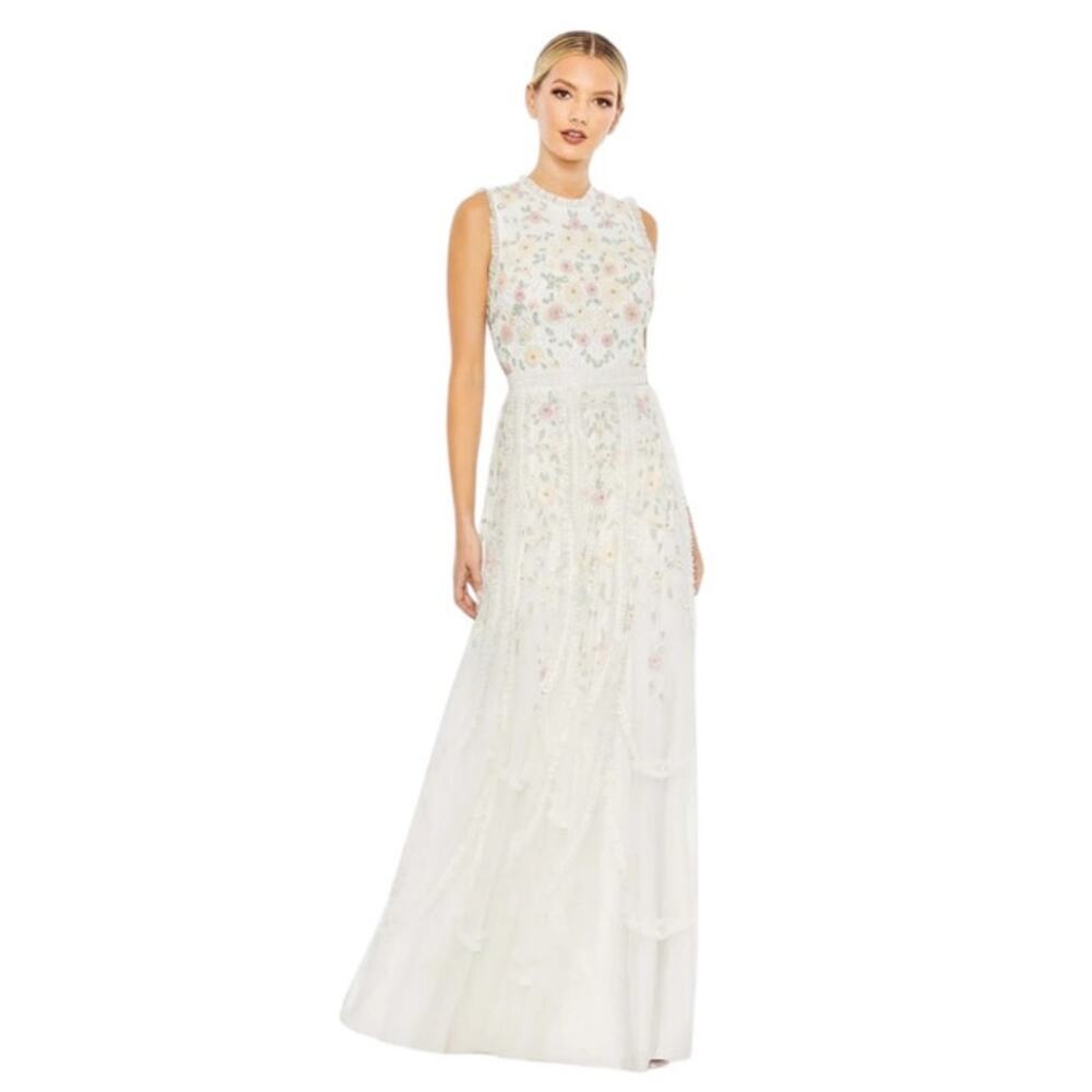 Mac Duggal Size 10 NEW 9137 Ivory Embroidered High Neck Sleeveless Ruffled Gown